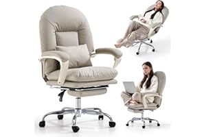 EMIAH Silla de Oficina Ergonómica con Reposapiés, Silla de Escritorio Ejecutiva Reclinable, Sillón de Cuero PU, Modernas Cómoda Silla de Ordenador Tocador con Ruedas, Bonita Silla para el Hogar, Beige