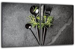 DECORWELT Cubierta de vitrocerámica, placa de corte, 2 piezas, 80 x 52 hierbas, cubiertos gris, protección contra salpicaduras, placa de vitrocerámica, protector de vitrocerámica, vidrio de seguridad, tabla de