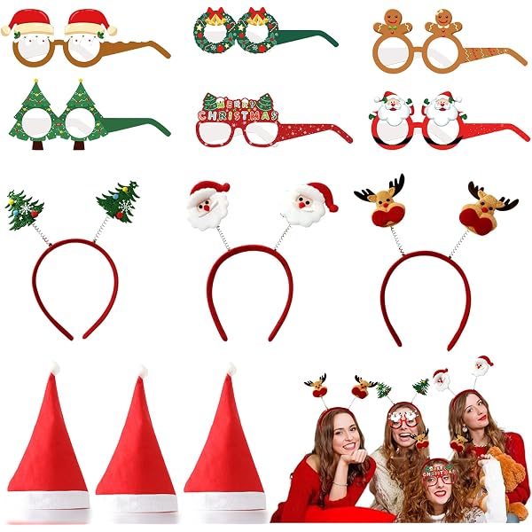 Accessoires De Fête De Noël - 4 Chapeaux Père Noël Et 4 Lunettes à Paillettes Pour Photomaton Et Soirées