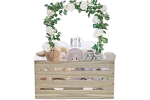 HONGPAR Wooden Baby Shower Crate Closet,Baby Basket with Handle,Large Baby Storage Crate Hamper,Baby Shower Gifts,Wooden Gift Crate,Welcome Gifts Basket for New Born Girls Boys,Pregnancy Gifts for New Parents