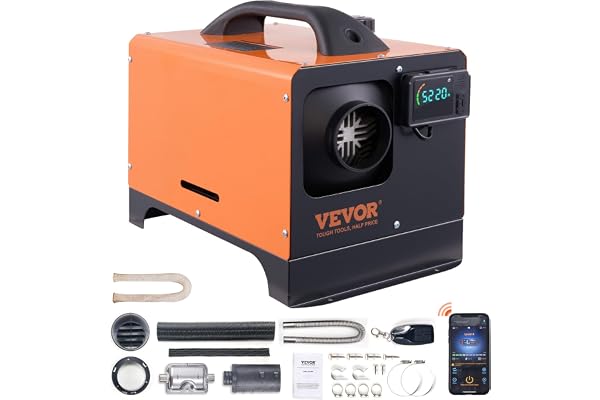 VEVOR Chauffage Diesel Tout-en-Un Portable 12 V 5-8 KW Réchauffeur d'air Diesel 0,16-0,62 L/h 8-36 ℃ Réglable 20-25 m² Contrôle LCD Bluetooth Télécommande Réservoir 5 L pour RV Auto sans Installation