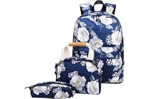 SellerFun Flower Print Canvas Girls USB Backpack Sets Women Laptop Daypack with Lunch Tote Bag Purse/Pencil Case (18 Liters, Blue Flower)
