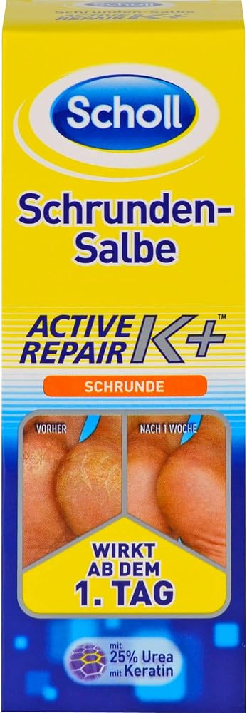 Scholl Schrundensalbe Aktif Onarım K +, kaba, kuru ve çatlak topuklarda cilt hasarına karşı -% 25 üre ve keratin ile - 1 x 60ml ayak kremi