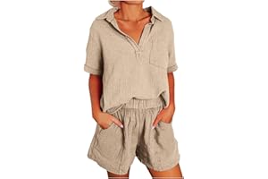 HAOLEI Zweiteiliger Damen Anzug Aus Baumwolle Und Leinen Mit Kurzen Ärmeln Und Tasche, Musselin Set Lockere Und Atmungsaktive, Sommer Outfits Leicht Und Luftig, Günstig Hausanzug Elegant Schicke