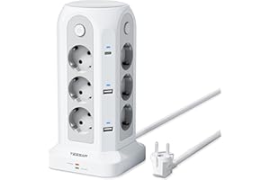 TESSAN Multiprise avec Interrupteur, 18 en 1 Multi Prise avec 6 USB, 12 Prise Tour Multiprise Parafoudre et Surtension avec Rallonge 2M, USB C Adaptateur Secteur Bureau pour Maison, Cuisine, Blanc