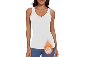 WOWENY V Neck Ladies Thermal Vest Lace Camisole Tops for Women Warm Underwear Sleeveless Winter Ribbed Base Layer