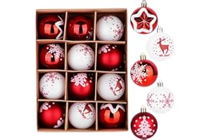 SHAVINGFUN Christmas Ball,12PCS Christmas Ball Decoration Set,Shatterproof Plastic Christmas Tree Balls Decorations,Red and White Classic Color Christmas Tree Decorations,Christmas Decorations