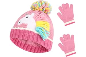 QKURT Kid’s Stretchy Beanie Hat Mittens Set, Toddler Winter knitted Cap with Pom Pom Thermal Gloves Set 2 in 1 Unicorn Cold Weather Accessories for Girls