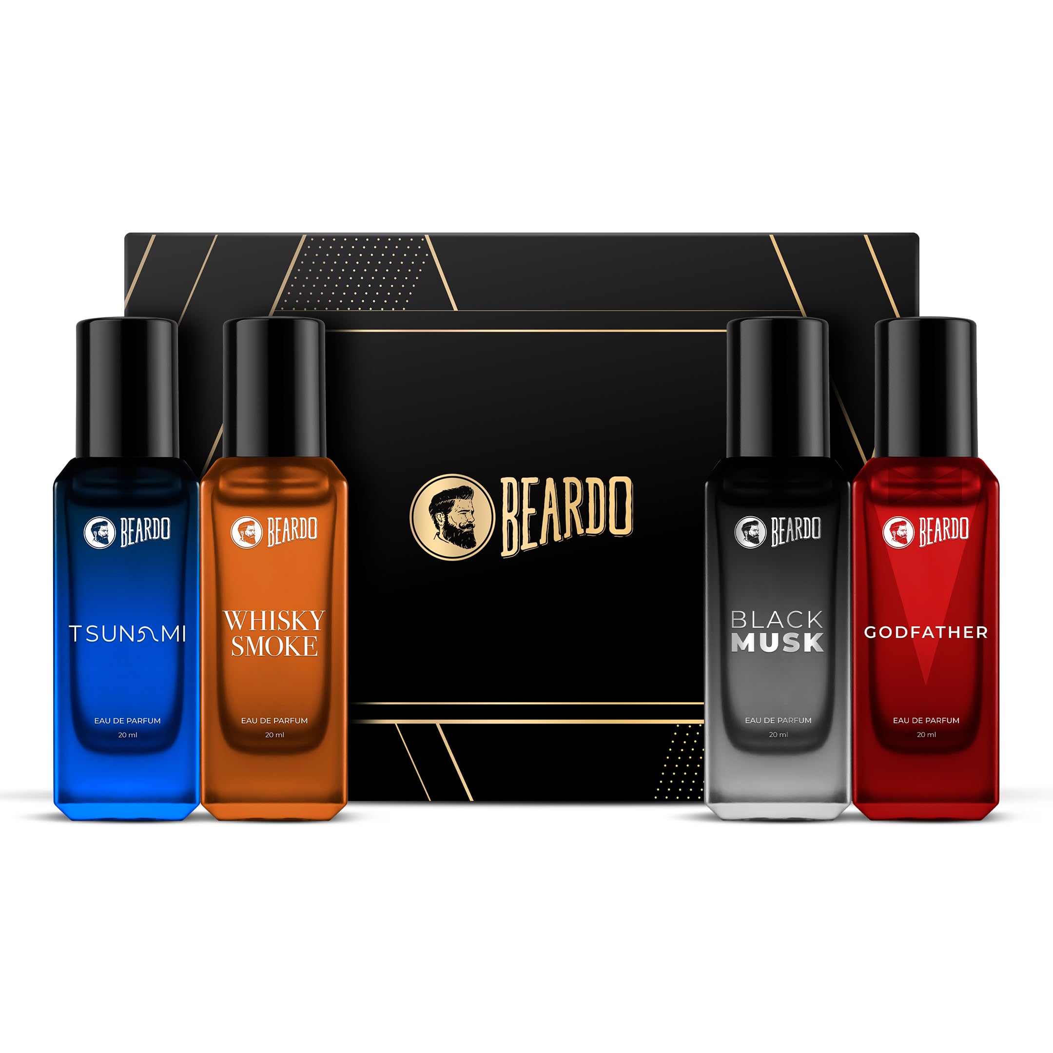 Beardo Perfumes Giftset For Men (Pack of 4 x 20ml) Whisky Smoke, Godfather, Tsunami & Black Musk, Long Lasting Liquid Perfume