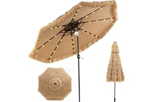 RELAX4LIFE Parasol de Plage Hawaï Tropicale LED Φ282, Jardin Extérieur en Paille Avec 8 Baleines, Inclinable Double Toit Manivelle pour Plage Patio Piscine (LED Φ282 x 247cm)