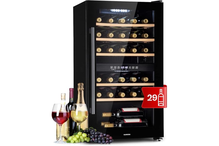 Klarstein Wine Cellar, Refrigerated Double Zone Wine Cellar for Indoor/Outdoor, Fridge Bar, Wine Cellar with Showcase, Mini Bar with UV Protection, Touch Wine Fridge, 5-22°C, 29 Bottles