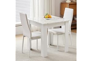HOMULLEL 75x75 cm Small Dining Table and 2 Chairs, 2 Seater Table and Chairs Set Kitchen Dining Room Set for 2, Compact, Space Saving, Wooden, Glossing Tabletop Marble-White (2 Seats, PU Eggshell White)