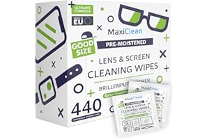 MAXI CLEAN 440 Premium Eye Glasses Cleaning Wipes Streak-Free Lens and Spectacle Cleaner, Individually Wrapped Pack of 440 Phone & Laptop Screen Camera Lens Optical Wipes, Car Mirror Glass Tissue Bulk 5.5 x 4.7