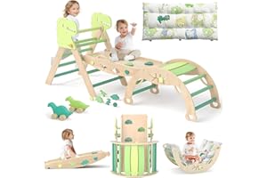 YELETY Toddler Climbing Frame, 9-in-1 Indoor Climbing Frame for Toddlers, Foldable Baby Climbing Toys Wood Triangle Set with Climbing Arch, Balance Cushion, Outdoor Climbing Frames for Enfan 2-6 Age-Dinosaur