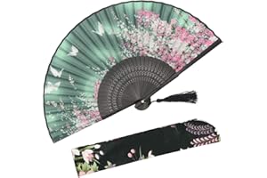 OMyTea "Sakura" Chinese/Japanese Women Hand Held Silk Folding Fans with Bamboo Frame - With a Fabric Sleeve for Protection (WZS-2)