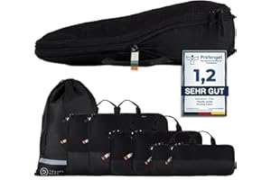TRAVEL DUDE Packwürfel Set mit Kompression aus recycelten Plastikflaschen | Leichte Packing Cubes | Packtaschen Set für Rucksack & Koffer (Schwarz, 7-teiliges Set)