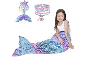 RDDAIPE Meerjungfrauen Decke Mädchen Kinder,140x60cm Meerjungfrauen Schwanz Decke mit Pailletten Haarnadel Armband,Meerjungfrauenflosse,Tragbare Decke, Weiche Flanell,Meerjungfrau Geschenke,Lila Blau