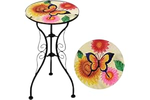 GEEZY Mosaic Garden Table – Flowers and Butterfly Design, Weatherproof Glass & Iron, Small Round Outdoor Patio Coffee Versatile Bistro Side Table Plant Stand for Home & Gift, Garden Tables Only