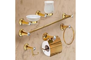 Le Chic Arredamenti- Set Accessori bagno completo, finitura Oro barocco,6 pezzi, dorati porta asciugamano sapone da parete oro, alta qualità, impreziosito con vetro Pleiadi