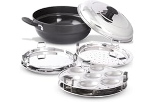 KSJONE All-in-One-Mehrzweck-Dampfgarer, harteloxiert, große Größe, Mehrzweck-Dampfgarer aus Aluminium mit Multi Kadai und 5 Tellern, 2 Idli-Platten, 2 Dhokla, 1 Patra-Teller