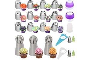 LYNEUN Set de Douilles Patisserie Russes, 31 Pièces en inox, Ustensiles, Patisserie accessoires professionnel: 17 Douille Wiltons, 1 Poches en Silicone Réutilisable, 10 Poches en Plastique, 3 Adaptateurs