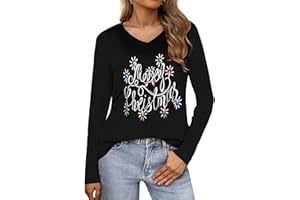 Terecey Merry Christmas Tops for Women UK Xmas Long Sleeve T Shirt V-Neck Casual Loose Ugly Shirt Holiday Vacation Clothes Funny Printed Tee for Ladies S-2XL