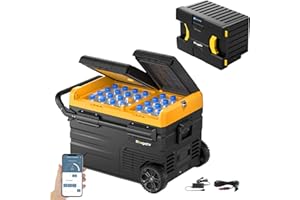 BougeRV CRD Nevera Compresor 12V 220V 35L con Batería 173WH, Nevera Portátil Doble Zona Doble Puerta Congelador Nevera con Ruedas Control App para Coche Camión Viaje Barco Camper Furgoneta -20℃~20℃