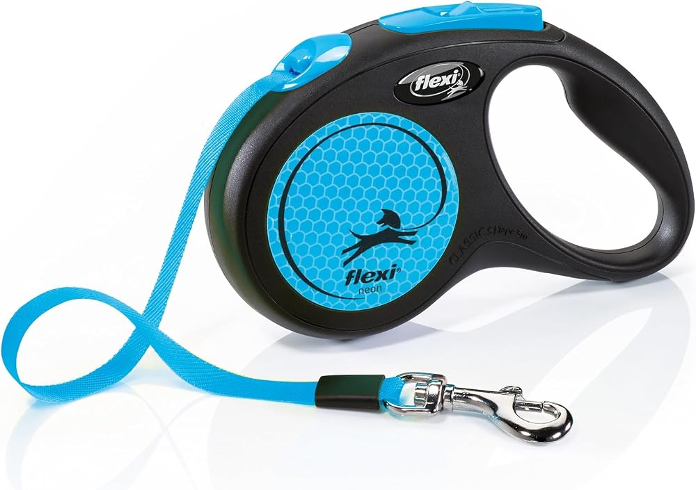 Flexi New Neon S Beden Mavi 5MT Şerit Tasma | yüksek görünürlük yansıtıcı kayış, tek elle fren, dur-and-go düğmesi, ergonomik sap, Almanya'da üretilmiştir