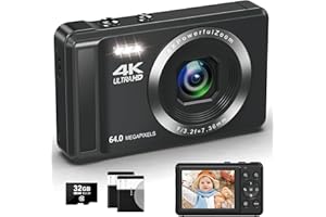 TOIAUAHA Digital Camera - UHD 4K 64MP Compact Camera - Rechargeable Vlogging Camera with 32G SD Card & 2 Batteries 16X Digital Zoom Mini Selfie Camera for Kids Teen Students Seniors Beginner