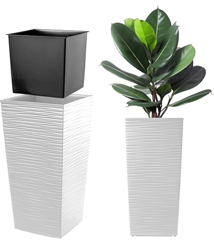 SUNNYPARK Paquete De 2 Macetas Altas Para Plantas Al Aire Libre De Ratán, Modernas, Cuadradas, Con Forros Extraíbles, Para Interiores Y Exteriores, Porche, Patio, Maceta (12 X 12 X 24 Pulgadas