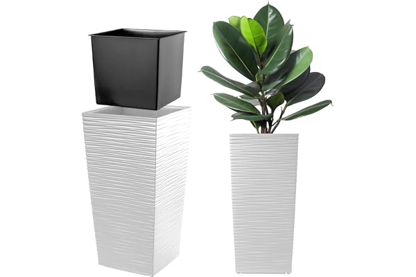 KADAX Pot de Fleurs Haut 57 cm, Plastique Imitation rotin, résistant aux intempéries – intérieur/extérieur, Blanc