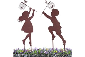 PW TOOLS 2 pièces Décoration Extérieure en Métal Rouillé, Personnes Rouillées pour Garçon et Fille, Figurine Décorative, Une Décoration Amusante en Forme d'enfant Jouant