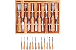 YUNSEITY Outils de Sculpture sur Bois 12 Pièces, Kit de Sculpture sur Bois avec Boîte de Rangement en Bois, Outils de Sculpture sur Bois à Lame CRV pour Cuillère, Bol, Tasse, Travail du Bois