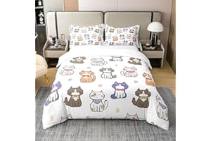 LOUSSIESD Set di biancheria da letto in 100% cotone con copripiumino per letto singolo, con stampa di gatti, set di biancheria da letto con simpatico gattino, set di biancheria da letto con copripiumino e fede