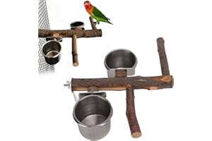 BUACHOIS Vögel Futternapf 33cm Papageien Holz Ständer und Edelstahl Napf, Futterspender Sitzstangen Kombinations Vogelkäfig Feeder für Kleine Mittelgroße Wellensittiche Sittich Nymphensittich
