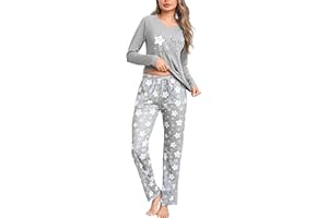 Litherday Pijama Mujer Invierno Algodón 2 Piezas Pijama Largo Mujer Manga Larga con Cuello en V y Bolsillos Ropa de Dormir con Estampado de Estrella S-XXL