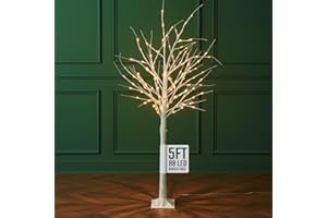GloBrite 5ft Pre-Lit Twig Christmas Tree with 88 Warm White LEDs - White Birch Design, Bendable Branches, Indoor & Outdoor Christmas Decorations