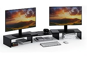 ComfortCove Podwójny stojak na monitor, Organizer na biuro, Stojak na laptopa, Podstawka pod komputer, 3 półki, Regulowana długość, Idealny do domowego biura, Czarny