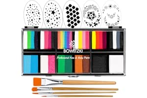 Bowitzki Kit de peinture faciale professionnelle pour enfants et adultes, 12 x 10 g, avec pochoir, gâteau fendu, gâteau fendu, non toxique, arc-en-ciel, flore, dauphin, licorne, flamme, maquillage du