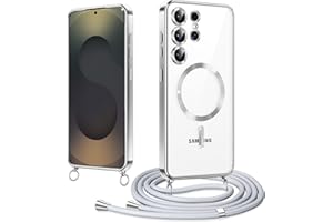 Woijrly Magnetic Mobile Phone Strap with Strap for Samsung Galaxy S25 Ultra, Compatible with Magsafe, Mobile Phone Case with Adjustable Cord, Removable, Crossbody Protective Case for Hanging, Silver