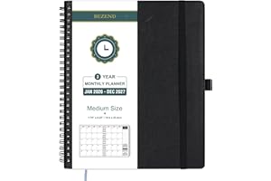 BEZEND Month to View Diary 2026-2027 with Notes (Jan 26 - Dec 27), Monthly Planner 23.4 x 19.6cm - 120 GSM Thick Paper, 2 Year Spiral Calendar with Tabs & Storage Pockets, Soft Cover, Black