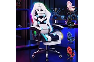 ALFORDSON Silla Gaming con RGB LED de 12 Colores y Masaje de 8 Puntos, Silla Gamer con Reposapiés, Reposacabeza y Cojín Lumbar, Silla Escritorio de Oficina Ergonomica, Blanco y Negro