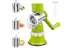 Kuvarix Coupe Legumes Multifonctions, Mandoline de Cuisine Manuelle 4 En 1 avec 3 Lames de Tambour Détachables 1 Grattoir, Rapeuse Legume pour Légumes, Fromage, Concombres, Carottes, Noix