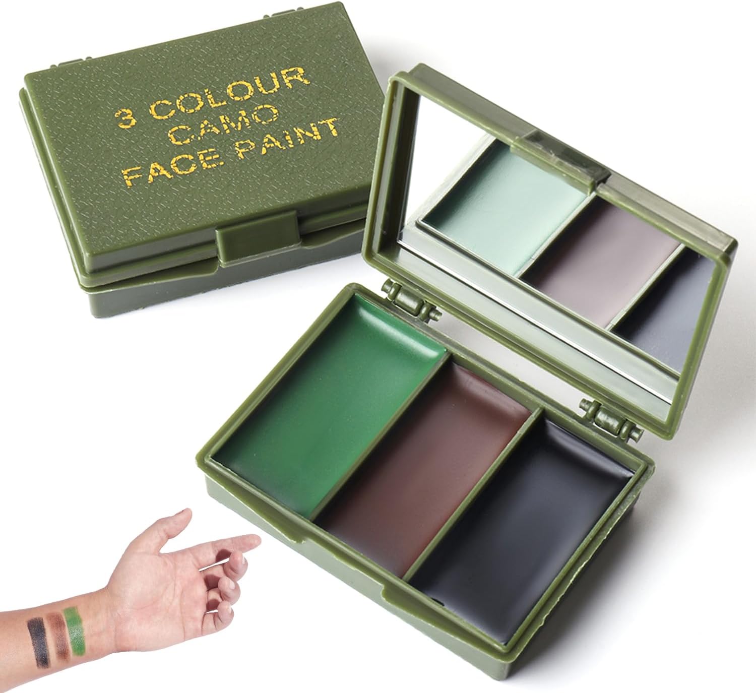ZIOYANE 1 kit de maquillaje de camuflaje, 3 colores crema con espejo para entrenamiento militar o juegos de CS, equipo militar de camuflaje Woodland (marrón, verde, negro)