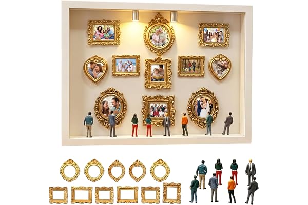 Gör-det-själv minimuseum silhuettbox, minifigurer människomuseum, foto minnesdisplay-set med 11 mini gyllene ramar och 8 figurer och 2 lampor, för bröllop, examenshögtider eller helgdagar