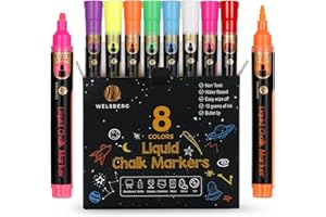 welsberg Liquid Chalk Markers 5mm Reversable Bullet Tip, 10 gr Jumbo Ink, Pack of 8 Colours Chalk Pens for Blackboard, Whiteboard, Window, Glass Erasable Ink