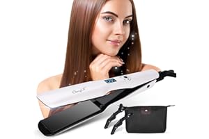 CkeyiN Lisseur Plaque Large 45mm,Fer à Lisser en Revêtement Advanced Ceramic,Rend Vos Cheveux Doux et Brillants,Écran LCD, 120 à 230°C Chauffe Rapide 30S. Avec Une Pochette et 2 Pinces(blanc)