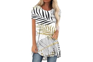 MRAT Womens Tops Long Tops to Wear with Leggings Round Neck Short Sleeve Tops Leaf Print T-Shirt Longline Tops Oversized Tees Summer Smock Shirt Blouse Womens Casual T Shirts Tunic Tops Sale