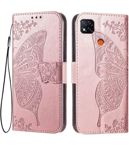 PHINIENLAND Cover per Xiaomi Redmi 9C / Redmi 10A Case PU Pelle Custodia [ Kickstand] [Chiusura magnetica] [Slot per Schede], Portafoglio Flip Custodia per Xiaomi Poco C3,Farfalla dorata