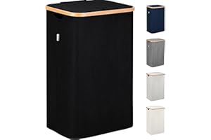 LONBET 100L Cesto Ropa Sucia con Tapa y Estructura de Bambú - Cubo Ropa Sucia Estético con Bolsa Extraíble, Asas Cómodas y Tela Transpirable para Uso Diario Eficiente - Laundry Basket, Negro
